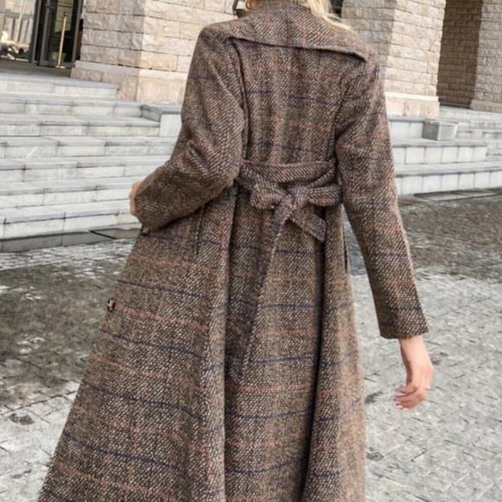 Tweed plaid brown casual trench coat jacket
