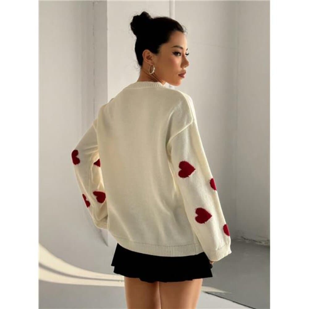 Colorblock Heart Graphic Loose Pullover Sweater, Casual For Autumn/Winter
