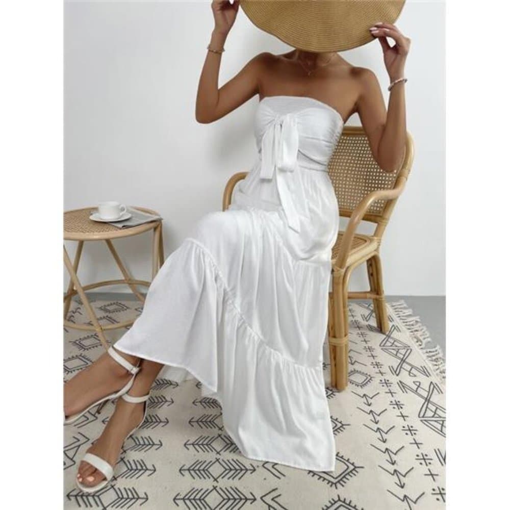 White Tie Front Shirred Ruffle Hem Tube Dress