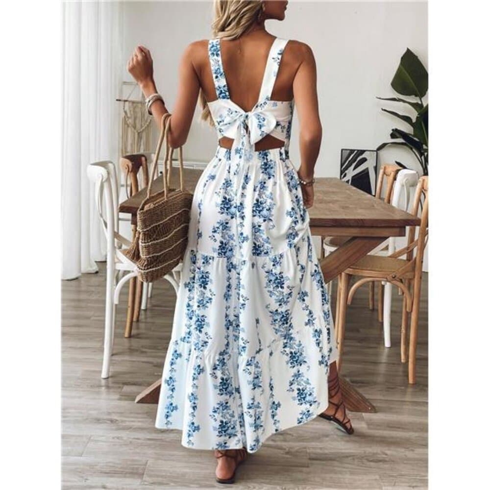Women Blue & White Print Waist Design Casual Vacation Daily Office