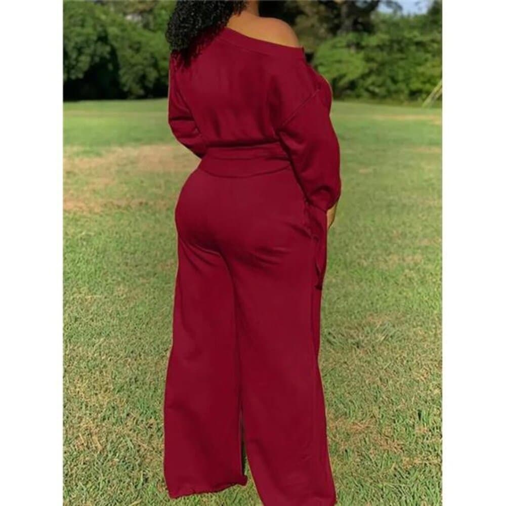 Two-Piece Set Of Oblique Shoulder Sweatshirt And Drawstring Waist Pants