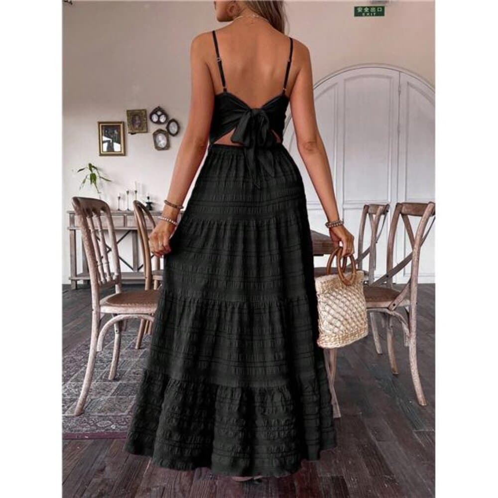Black Elegant Bohemian Backless Strap Dress For Casual Vacation Maxi Women