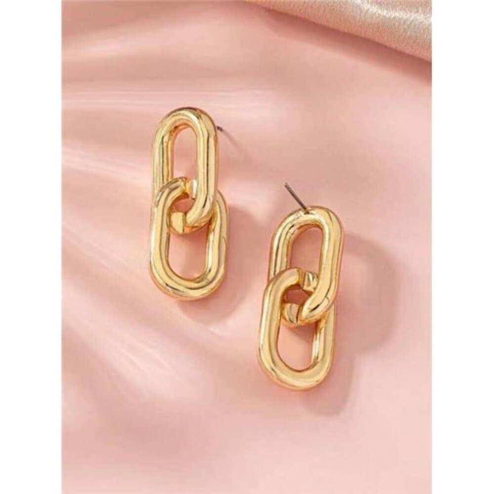 American Style Chunky Chain Design Interlocking Circle Pendant Earrings
