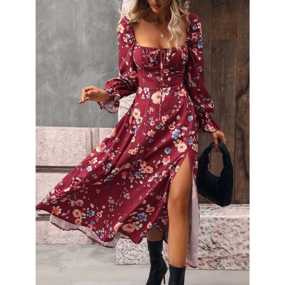 Floral Print Flounce Sleeve Tie Front Split Thigh Dress