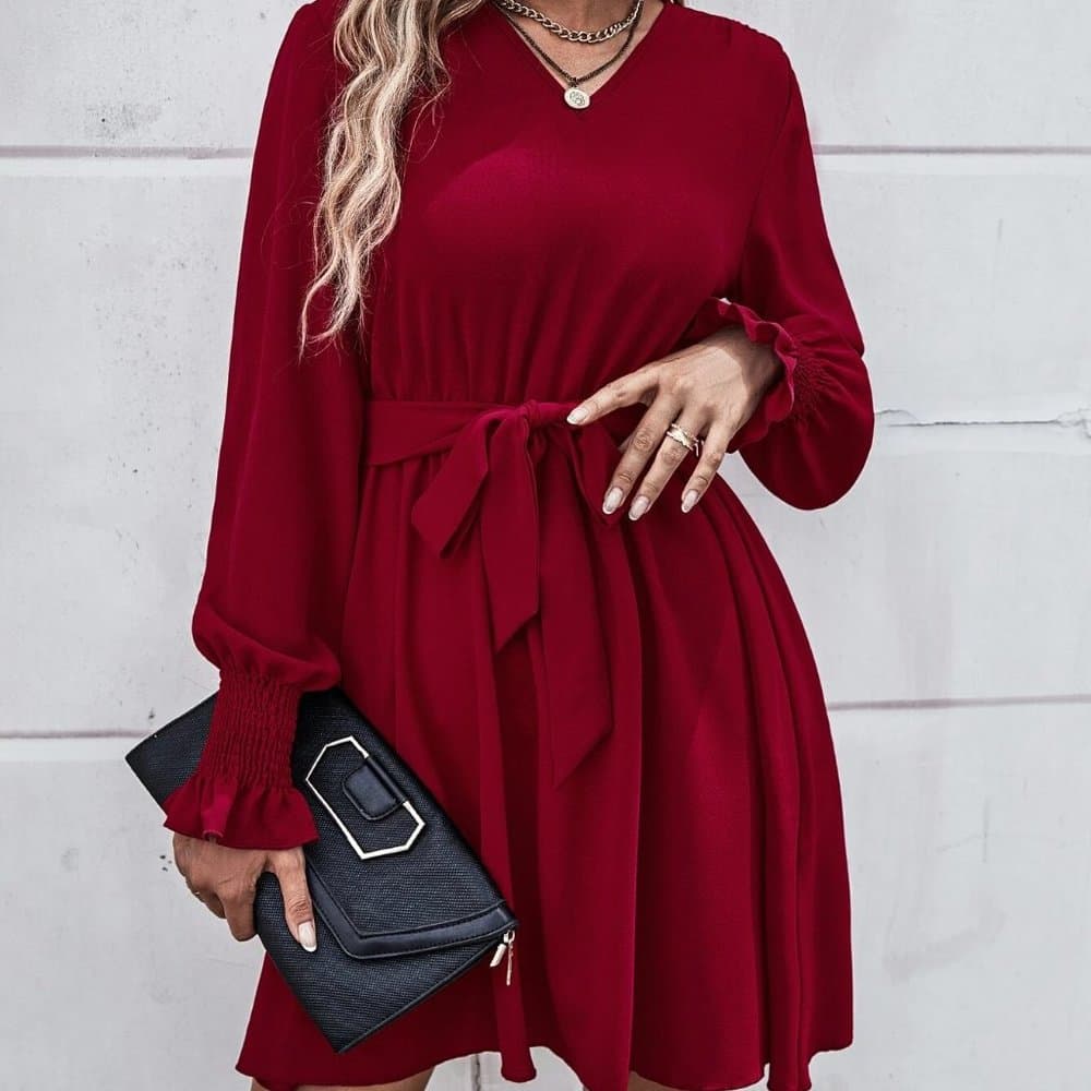Red V Neck Flounce Sleeve Belted Dress