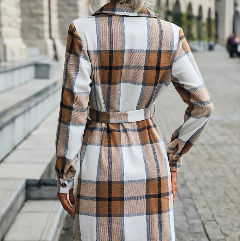 Boho khaki tan plaid button up long sleeve mini dress