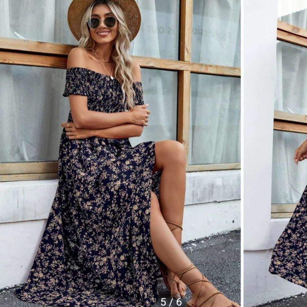 Black ditsy floral shirred off shoulder slit thigh maxi dress