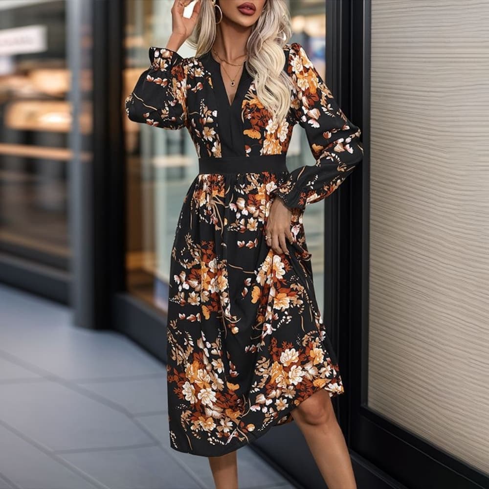Printed Notched Long Sleeve Midi Dress