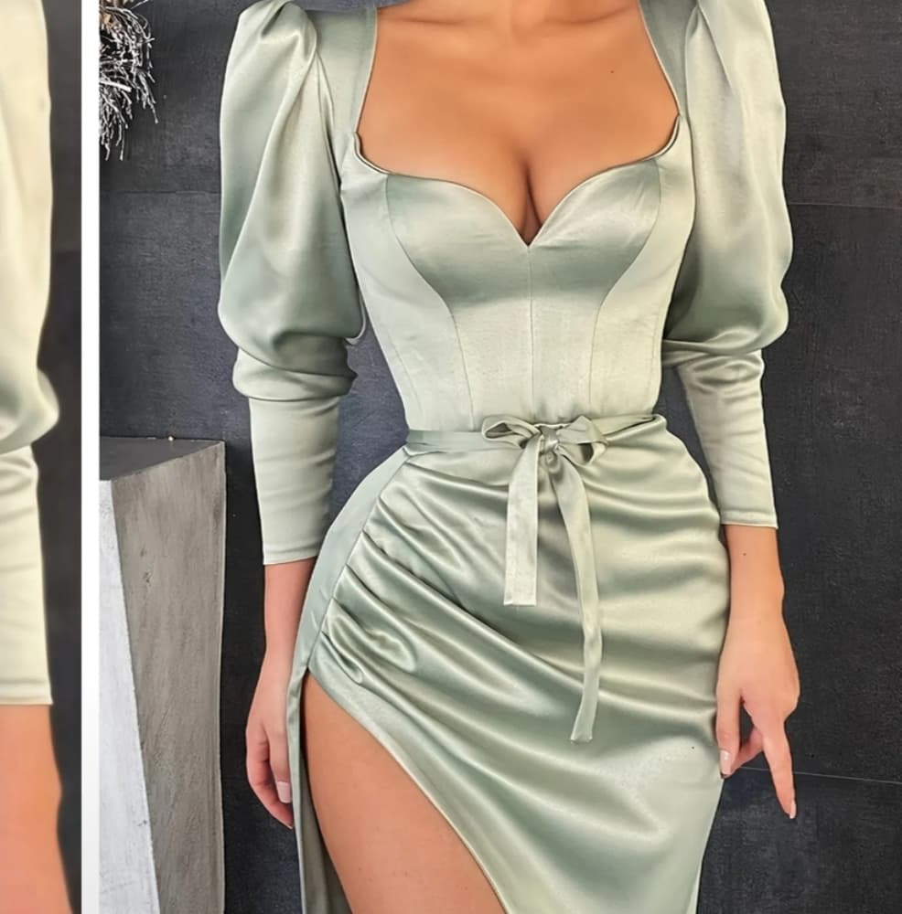 Solid Retro Green Square Neck Dress