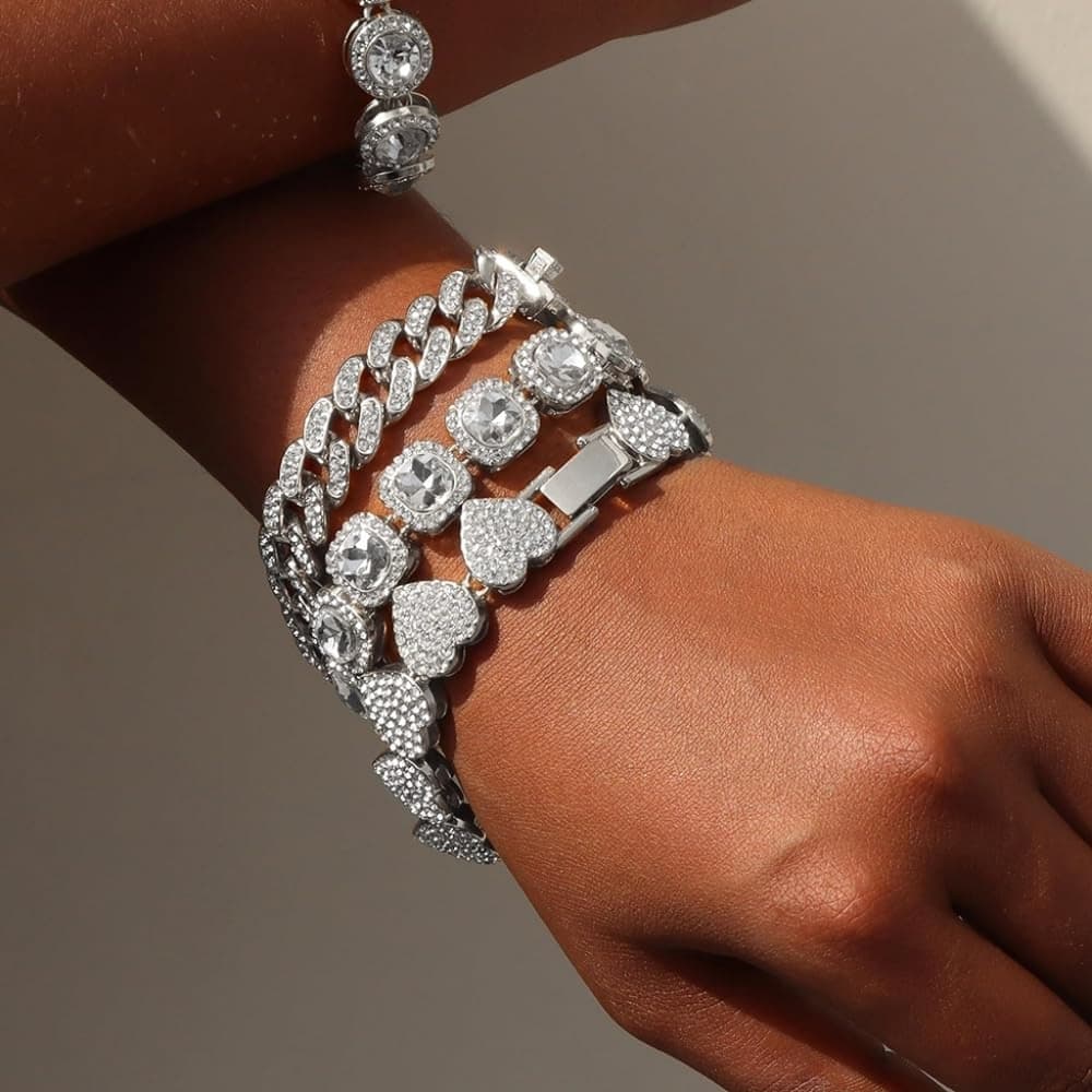 4PCS Silver Bracelets for Women Girls Silver Clustered