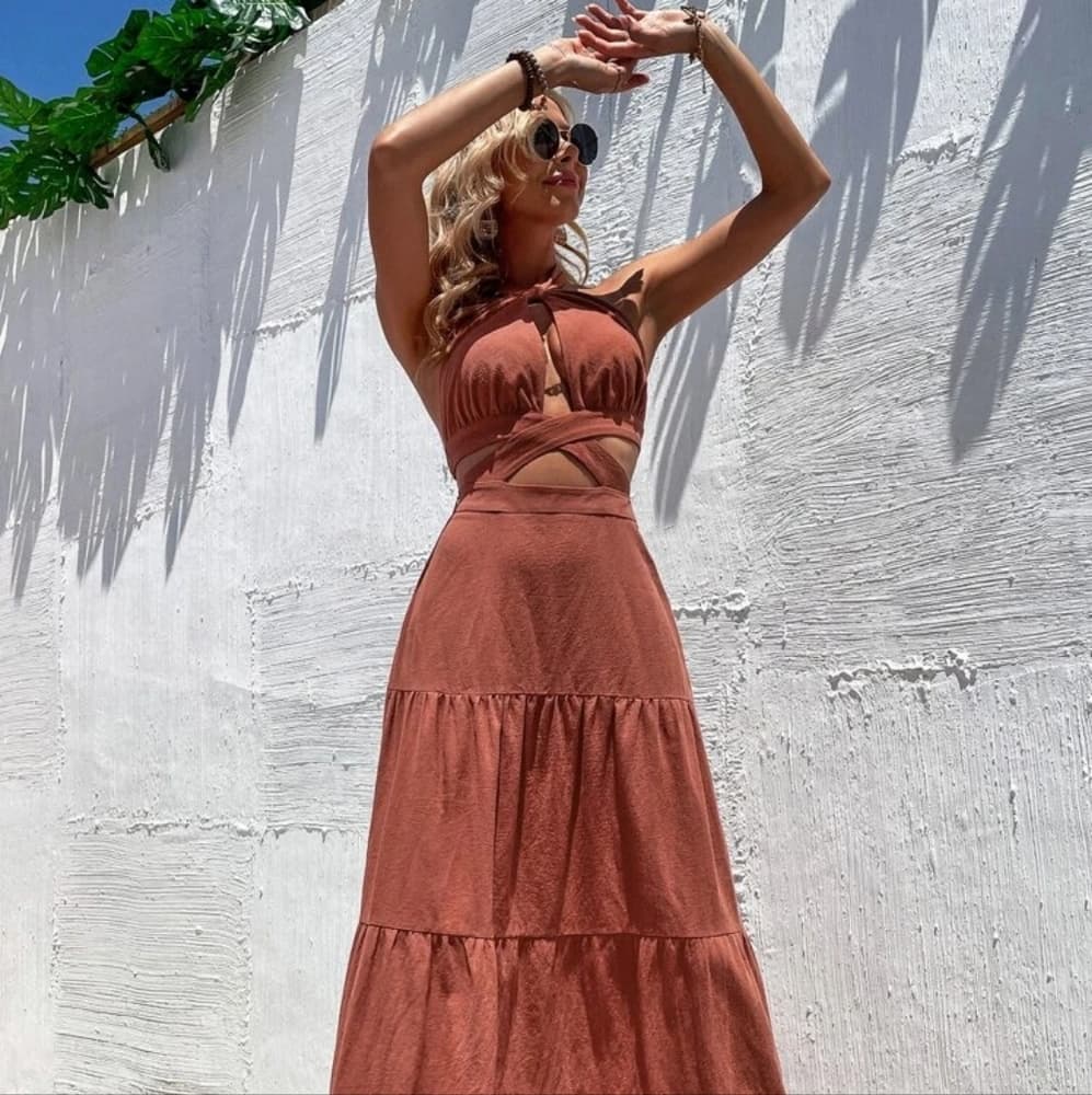 Cut Out Crisscross Ruffle Hem Tie Backless Halter Dress