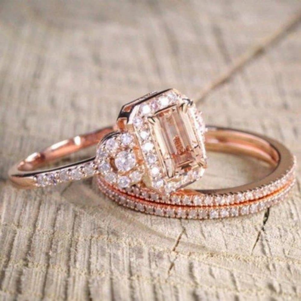 *NEW 18K Rose Gold Diamond Morganite 3PC Ring Set