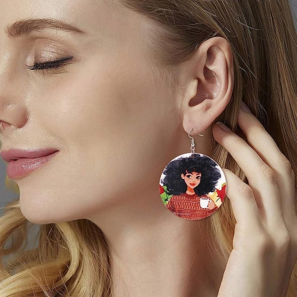 Black African American Wood Round Retro Hook Earrings