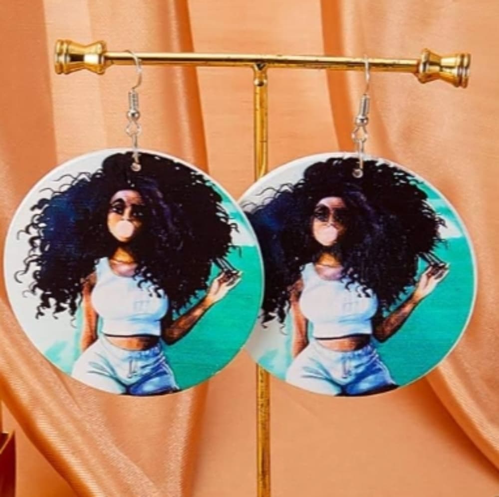 Black African American Wood Round Retro Hook Earrings