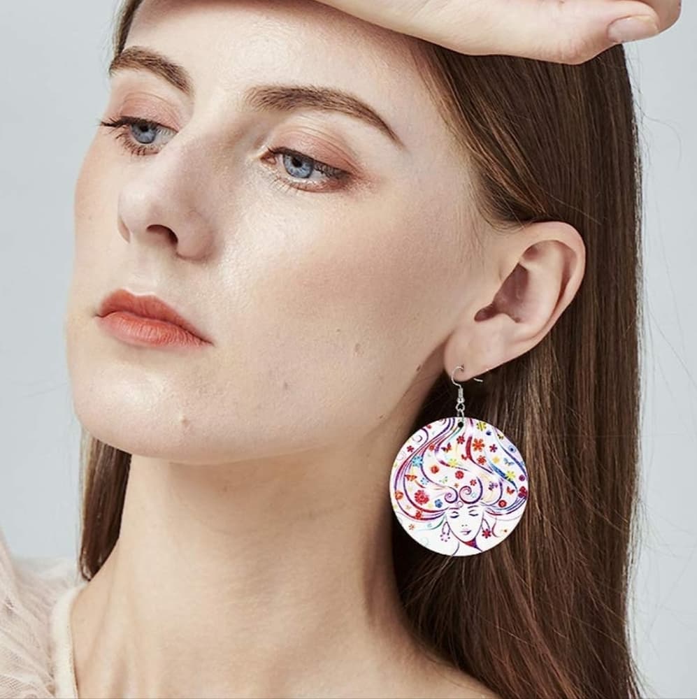 Black African American Wood Round Retro Hook Earrings