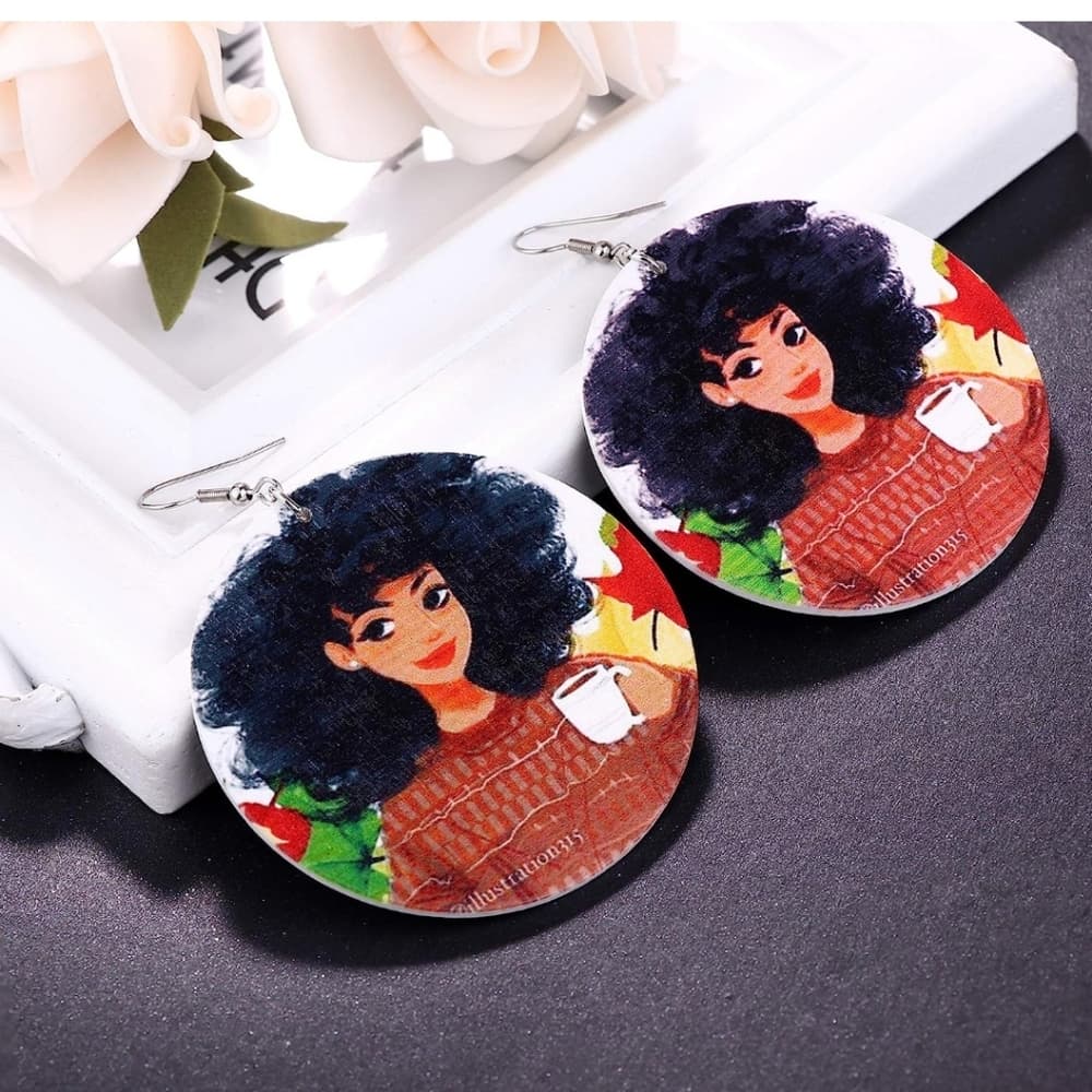 Black African American Wood Round Retro Hook Earrings