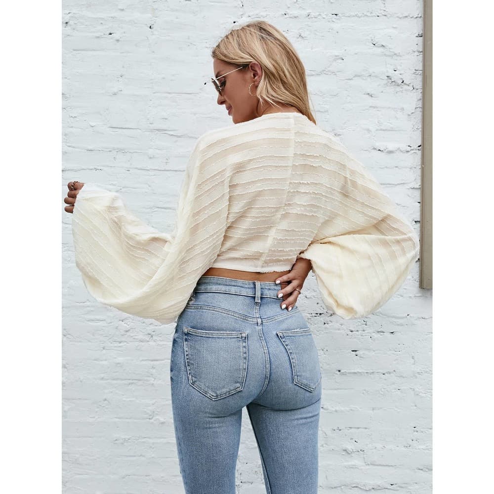 Lantern Sleeve Lace Up Front Crop Blouse