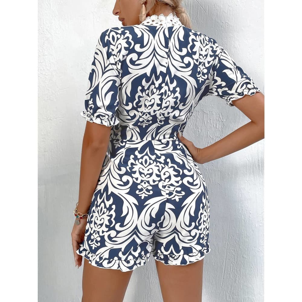 Random Baroque Print Guipure Lace Panel Puff Sleeve Romper