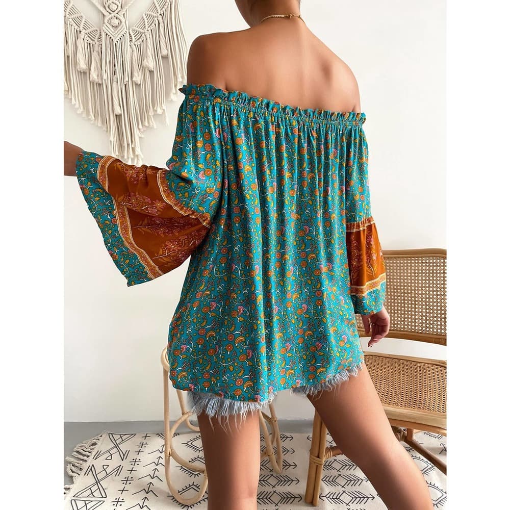 Allover Floral Print Off The Shoulder Tassel Tie Front Blouse