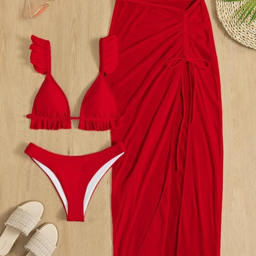 Red 3pack Solid Frill Trim Bikini Swimsuit & Beach Skirt