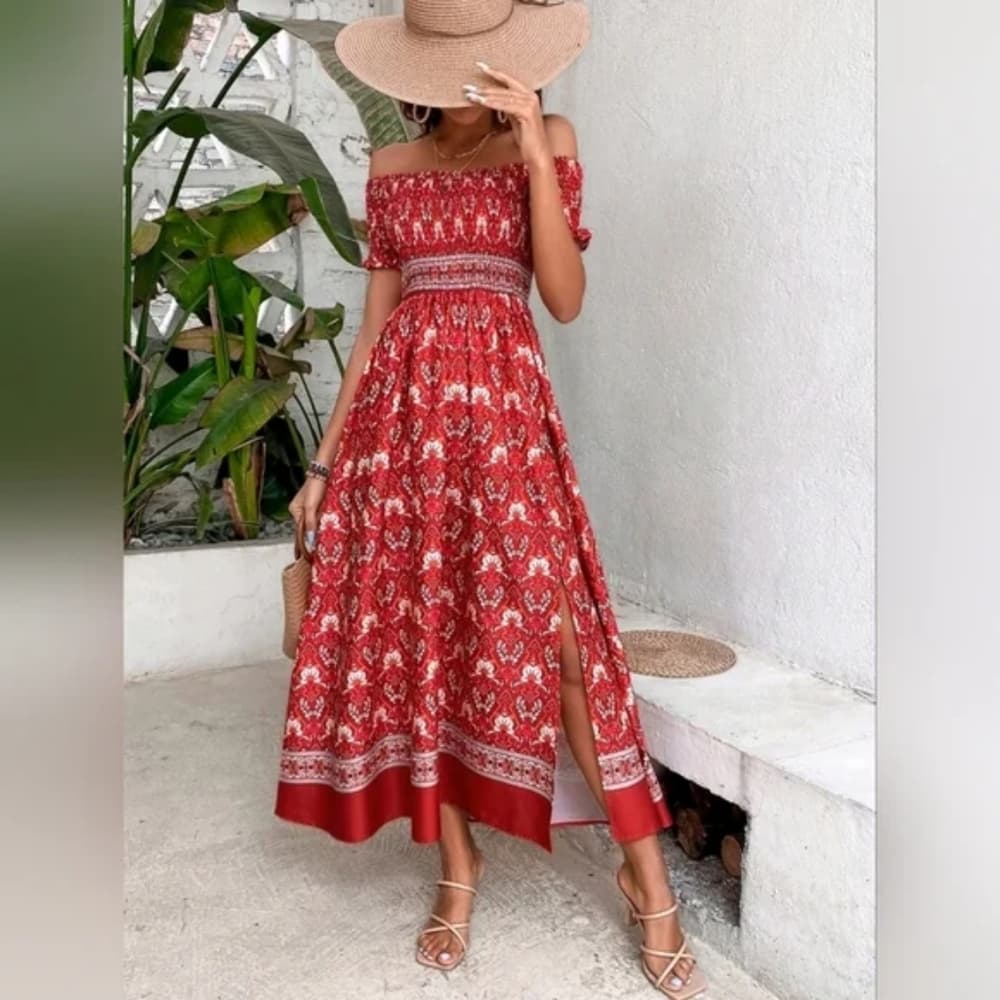 Red Boho Beauty Floral Off Shoulder Dress