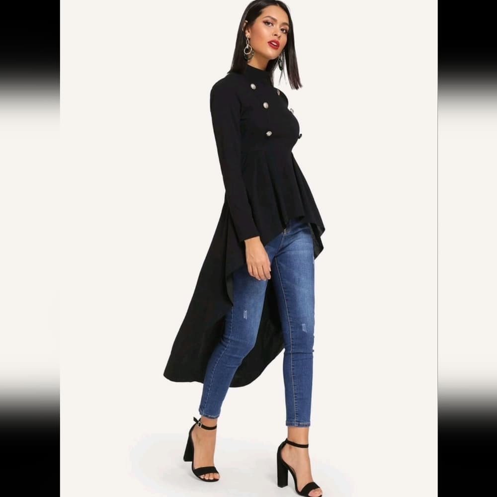 Black Mock Neck Double Breasted Dip Hem Peplum Top