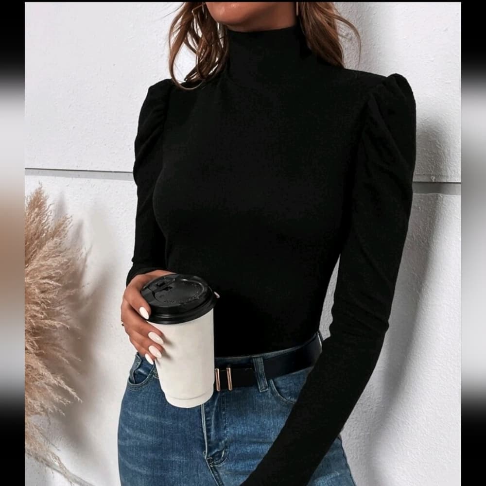Black Mock Neck Puff Sleeve Button Back Tee