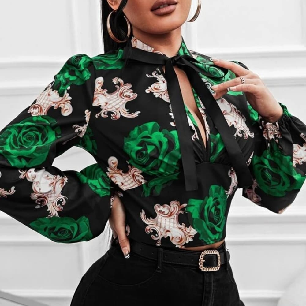 Green Black Floral Print Lantern Sleeve Tie Neck Blouse