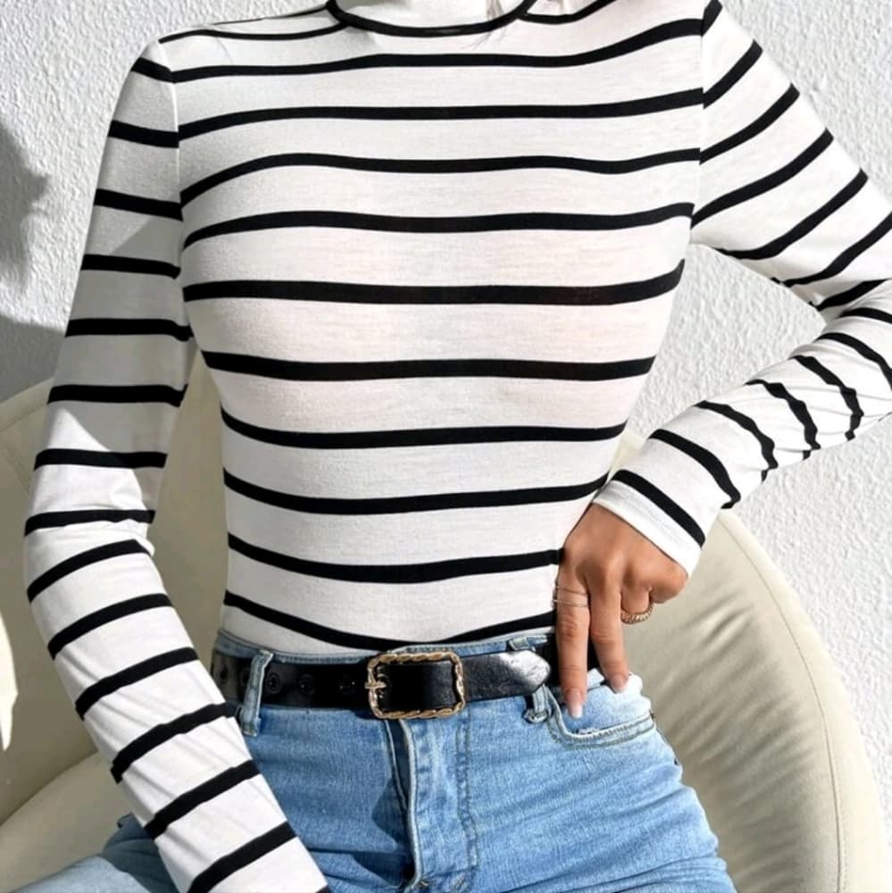Black & White Unity Striped Print Mock Neck Tee