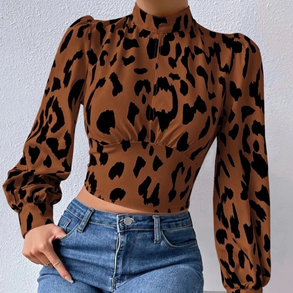 Allover Print Tie Backless Bishop Sleeve Crop Top