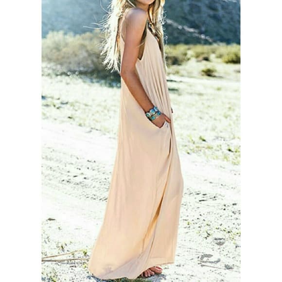 Deep V Neck Solid Maxi Dress Without Necklace Brac
