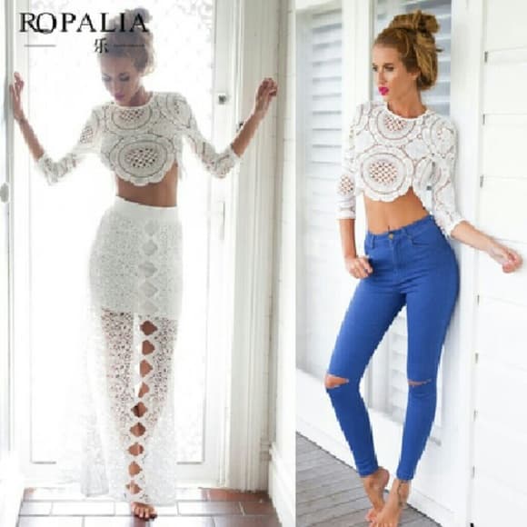White Sexy Lace Hollow Crop Long Sleeve Top