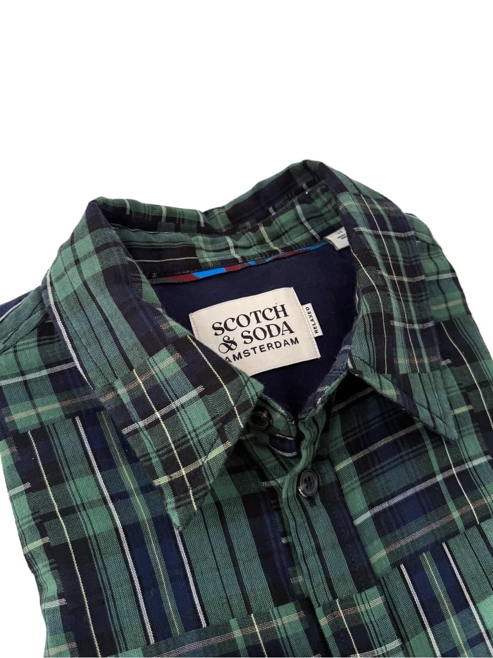 NEW Scotch & Soda Madras Button Down Plaid Shirt Mens M Navy Green Cotton
