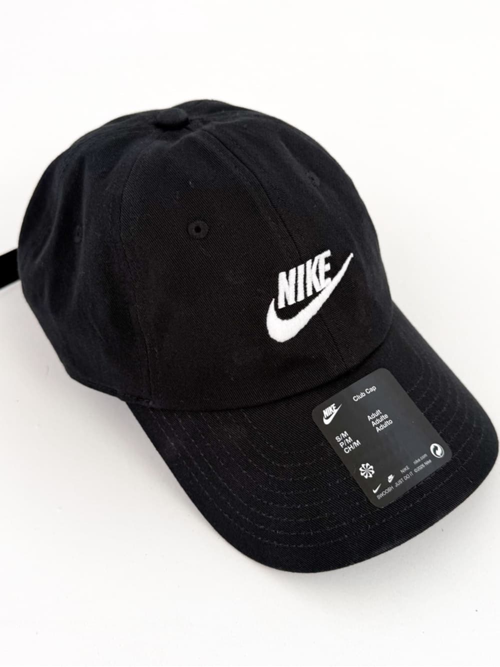New Nike Club Adjustable Logo Baseball Cap Black White S/M Swoosh