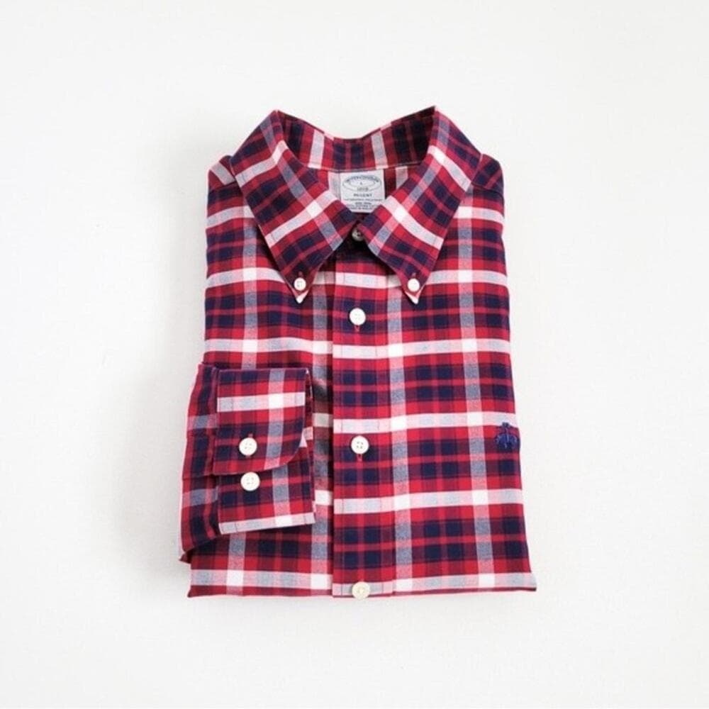 NEW Brooks Brothers Shirt Oxford Regent Button Down Plaid Navy Blue Red L