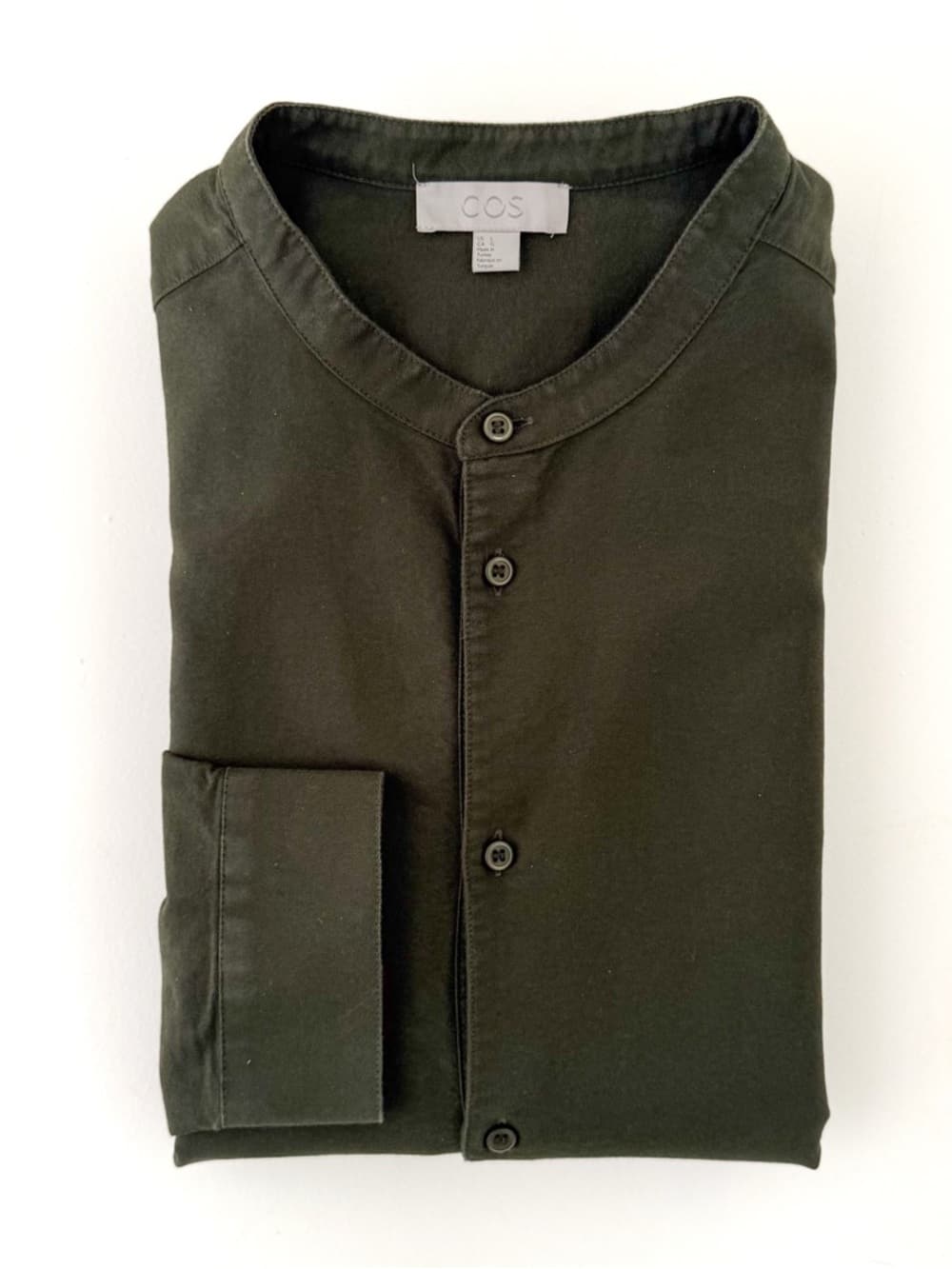 New COS Men's Olive Green Band Collar Shirt Quarter Button Twill Size L Men's