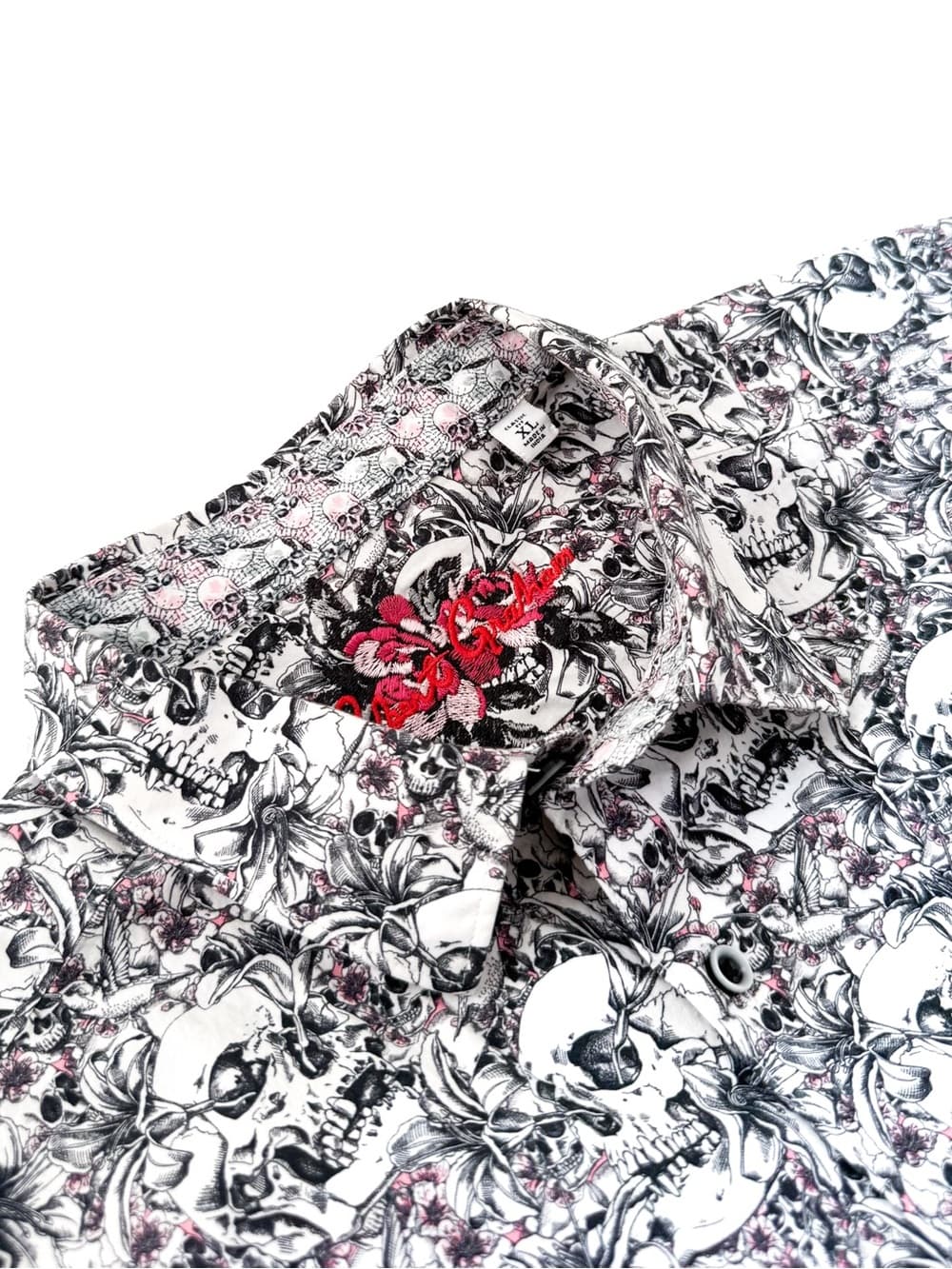 New Robert Graham Skull Print Cotton Stretch Button Up Shirt Mens XL White Black