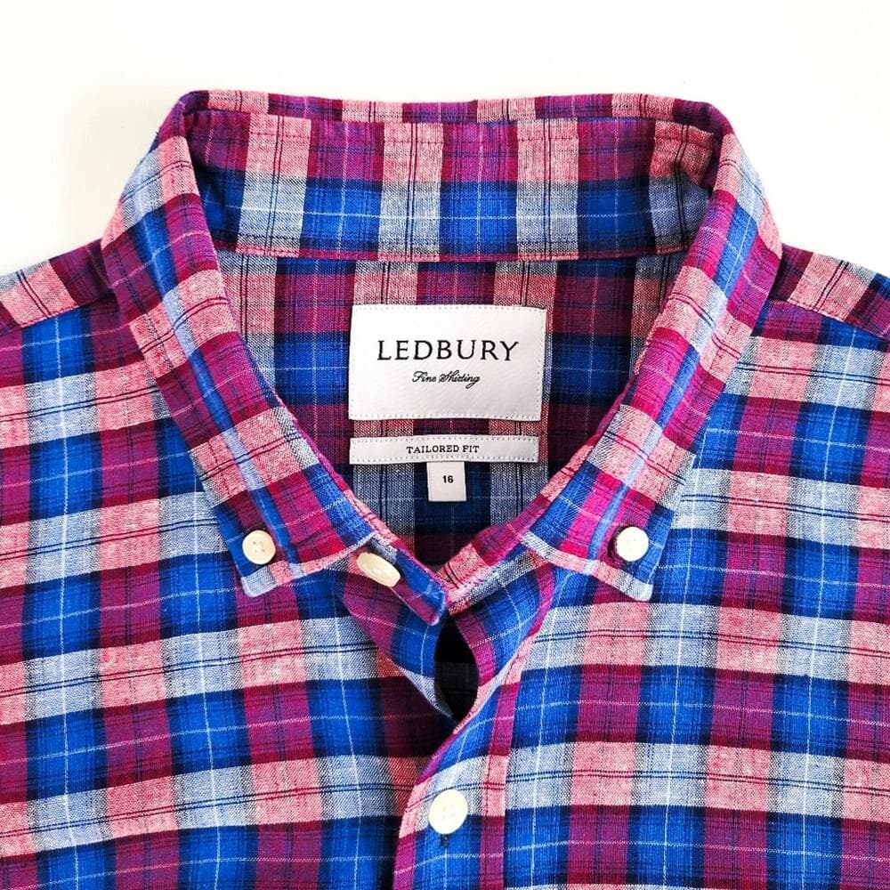 NEW Ledbury Linen Cotton Button Down Shirt Tailored Fit Mens 16 Blue Purple