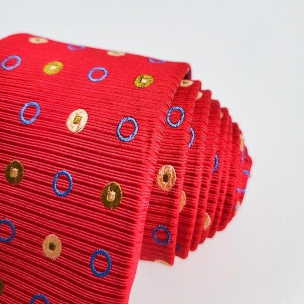 Holland & Sherry Silk Tie Woven Geometric Circles Pattern Red Made in USA