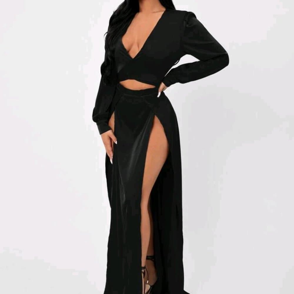 Sexy Black Plunging Slit Thigh Dress