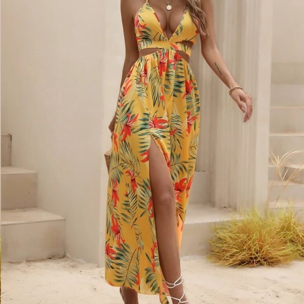 Yellow Tropical Print Thight Slit Dress!!