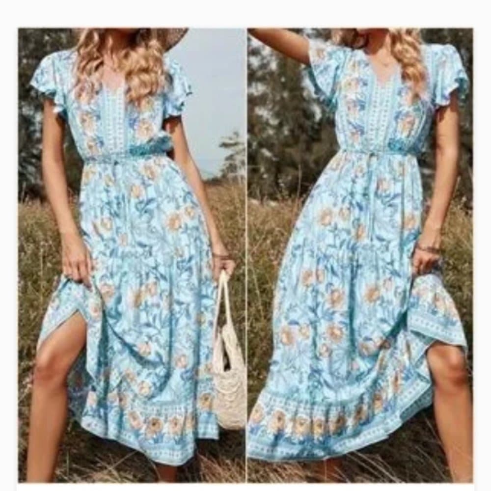 Boho Floral Print Criss Cross Lace Maxi Dress