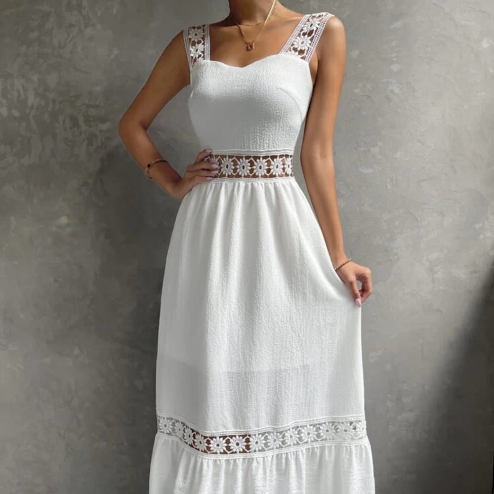 White Lace Insert Ruffle Hem Dress