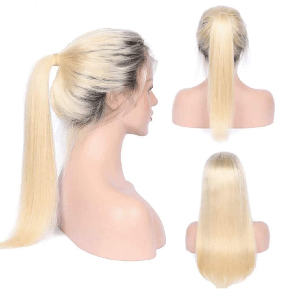 Ombre Lace Front Wig Blonde Human Hair Dark Roots Silky Straight 16 inches 150%