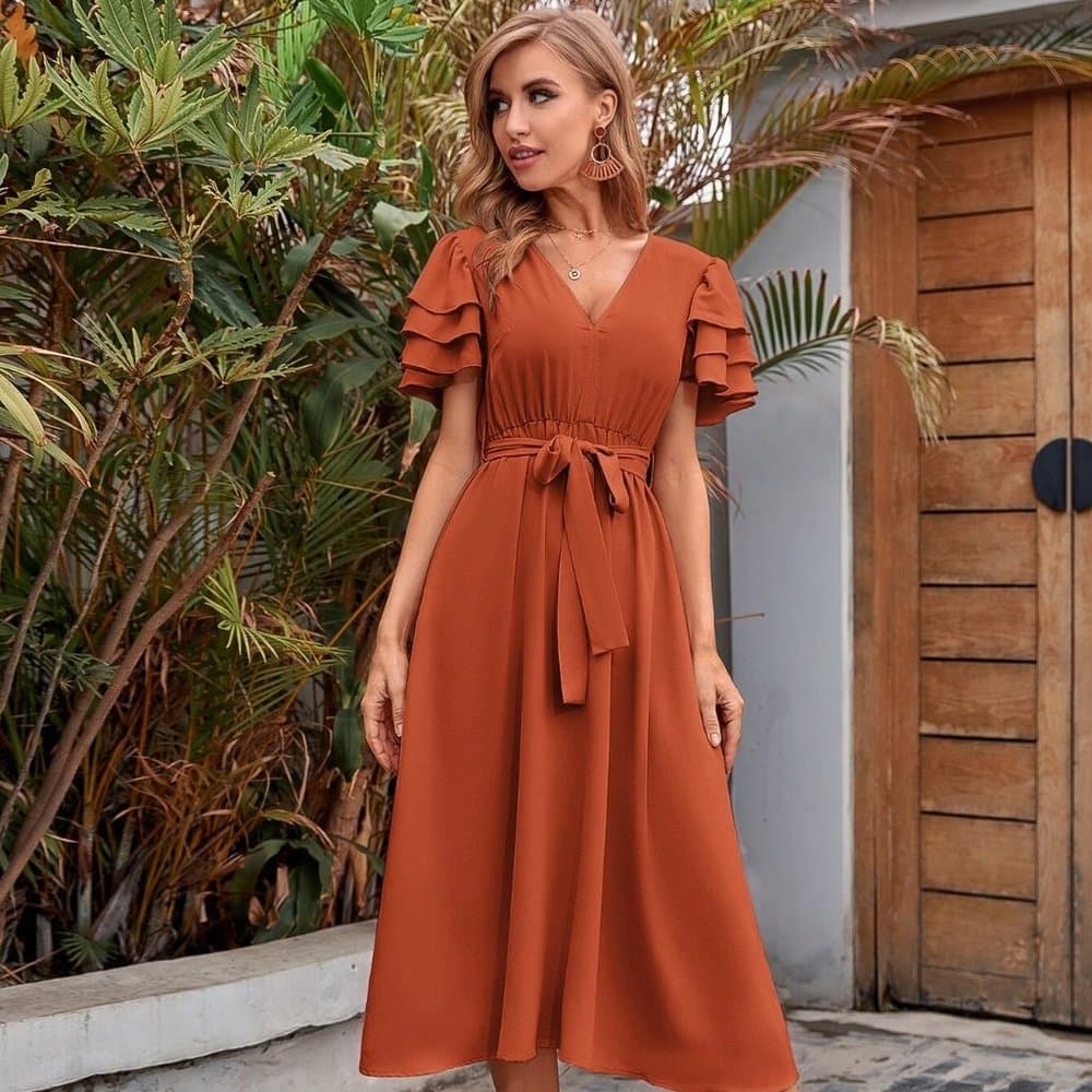 Boho layered V-neck sleeve belted midi dress burnt orange