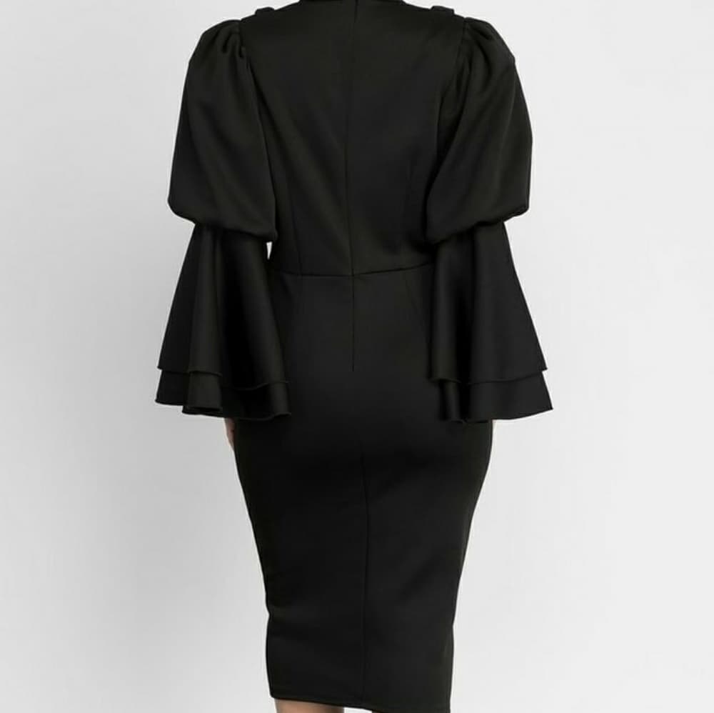 Chic High Neck Flare Sleeve Frill Trim Pencil Dres