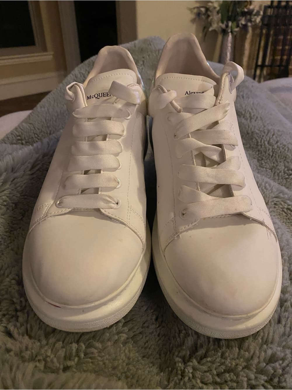 Alexander McQueen White Leather Sneakers with Iridescent Heel Tab. 12” long