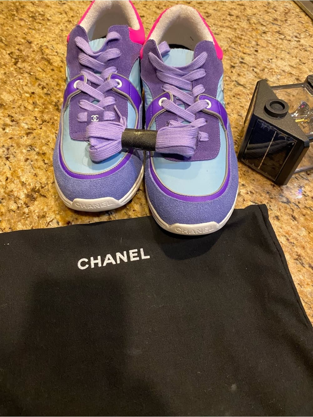 CHANEL Purple, Light Blue & Pink Suede Sport Sneakers