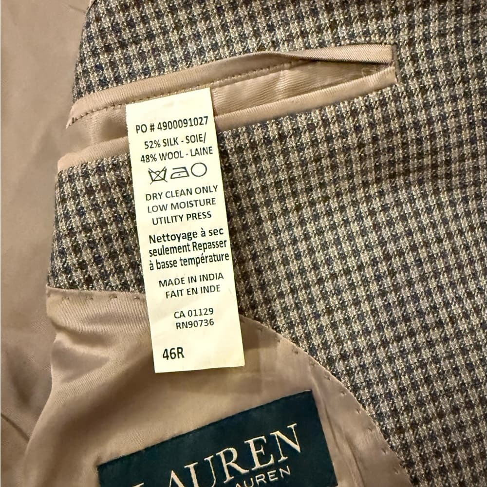 Ralph Lauren Army Check Tweed Blazer 46R Silk Wool Blend