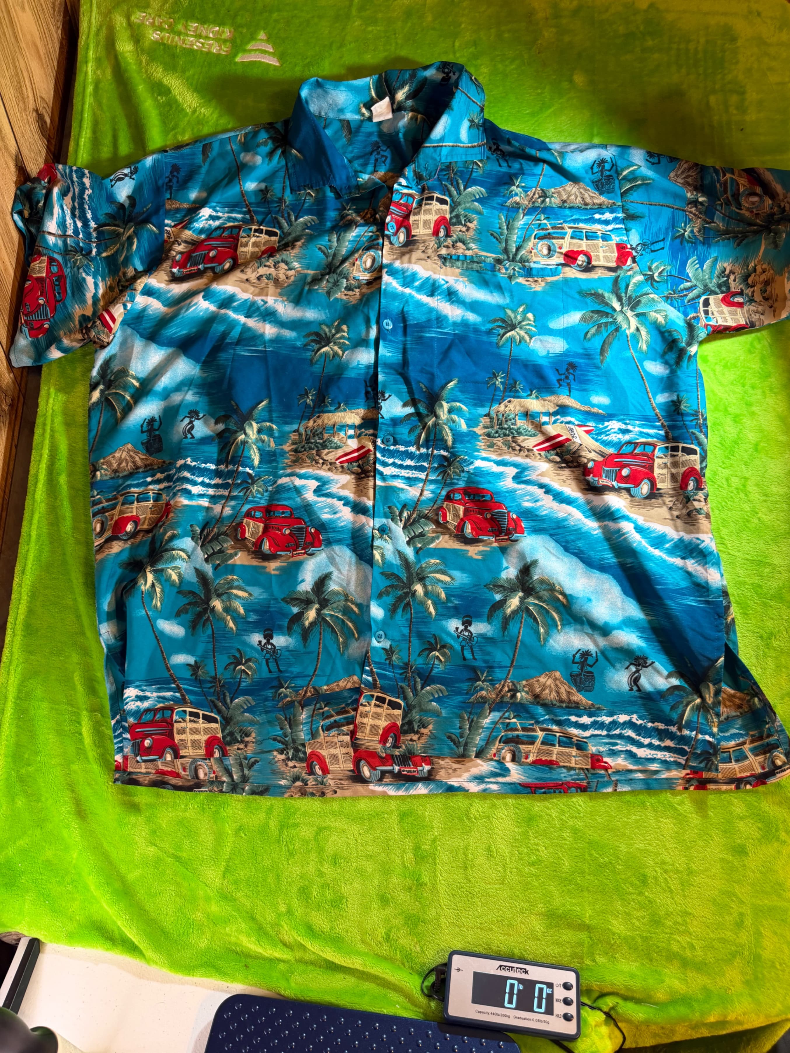 Hawaiian Aloha Shirt Blue Surf Woody Car Palm Beach Print Mens XL Camp Shirt
